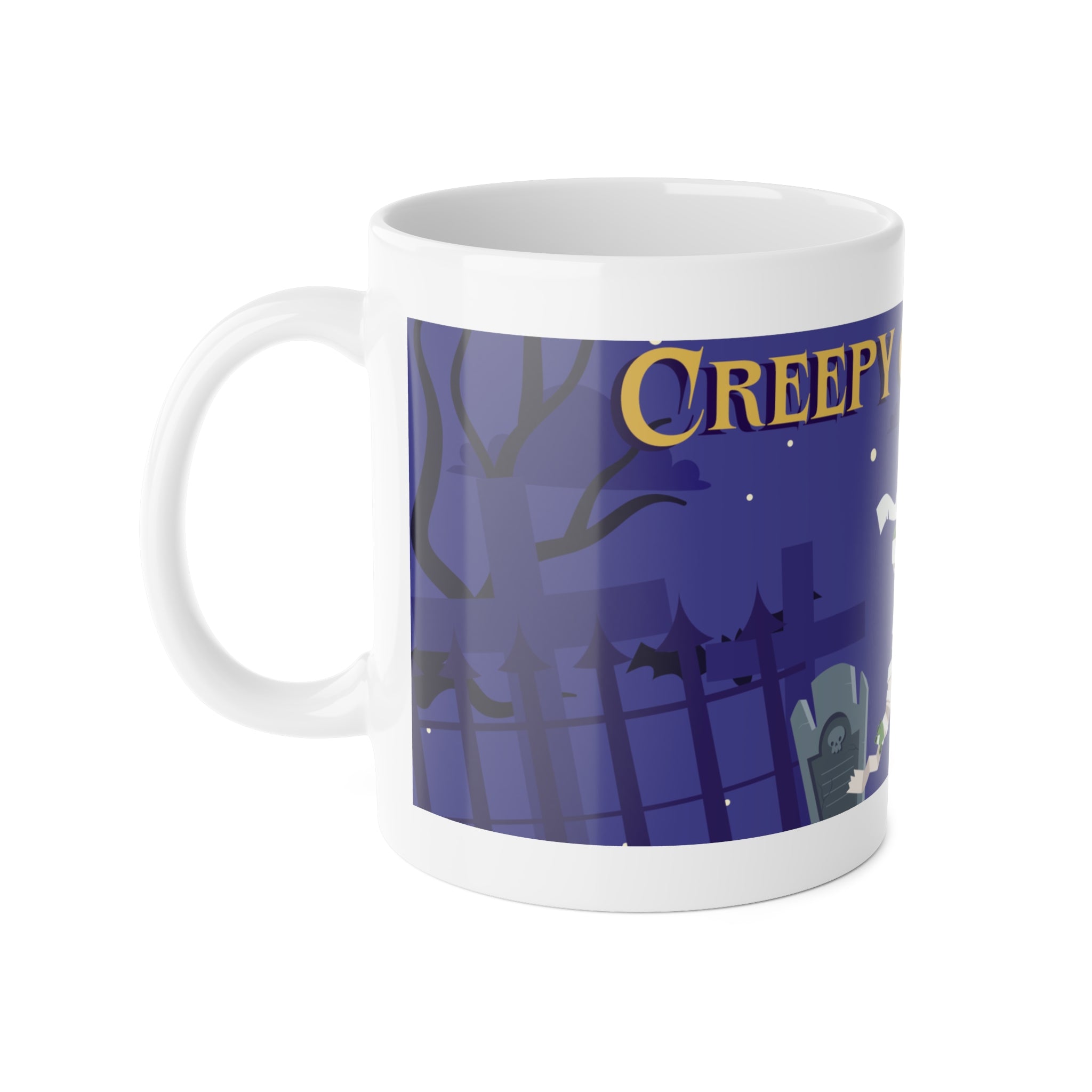 Creepy Graveyard Halloween | Mummy, Tombstone, and Full Moon | White Ceramic Mug